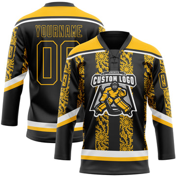 Custom Black Gold-White 3D Pattern Abstract Shape Hockey Lace Neck Jersey