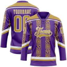 Загрузить изображение в средство просмотра галереи, Custom Purple Old Gold-White 3D Pattern Abstract Shape Hockey Lace Neck Jersey
