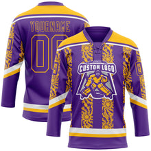 Laden Sie das Bild in den Galerie-Viewer, Custom Purple Gold-White 3D Pattern Abstract Shape Hockey Lace Neck Jersey
