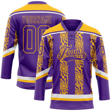 Laden Sie das Bild in den Galerie-Viewer, Custom Purple Gold-White 3D Pattern Abstract Shape Hockey Lace Neck Jersey
