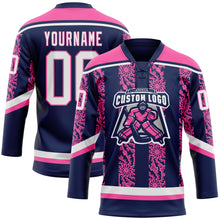 Load image into Gallery viewer, Custom Navy White-Pink 3D Pattern Abstract Shape Hockey Lace Neck Jersey
