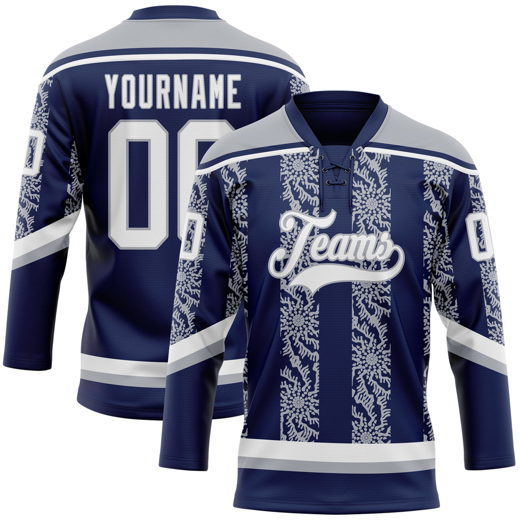 Custom Navy White-Gray 3D Pattern Abstract Shape Hockey Lace Neck Jersey