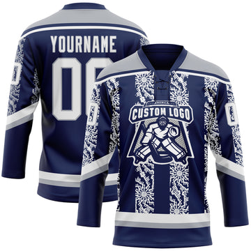 Custom Navy White-Gray 3D Pattern Abstract Shape Hockey Lace Neck Jersey