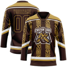 Загрузить изображение в средство просмотра галереи, Custom Brown Old Gold-White 3D Pattern Abstract Shape Hockey Lace Neck Jersey
