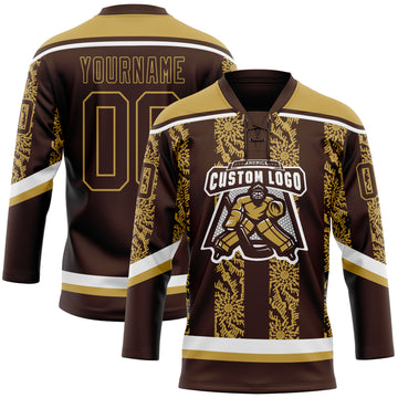 Custom Brown Old Gold-White 3D Pattern Abstract Shape Hockey Lace Neck Jersey