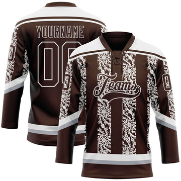Custom Brown Gray-White 3D Pattern Abstract Shape Hockey Lace Neck Jersey