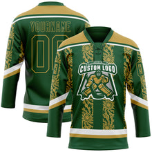 Load image into Gallery viewer, Custom Green Old Gold-White 3D Pattern Abstract Shape Hockey Lace Neck Jersey
