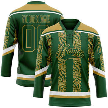 Custom Green Old Gold-White 3D Pattern Abstract Shape Hockey Lace Neck Jersey