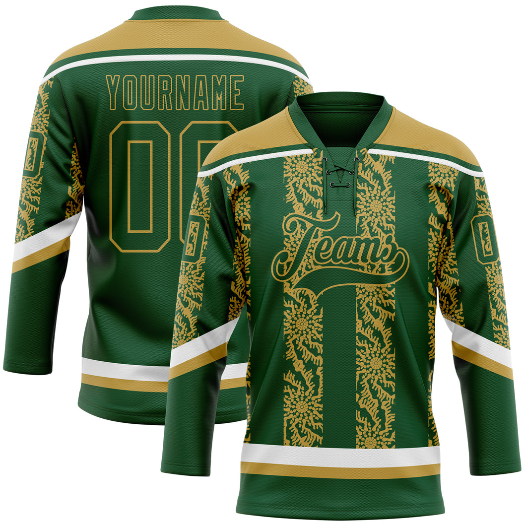 Custom Green Old Gold-White 3D Pattern Abstract Shape Hockey Lace Neck Jersey