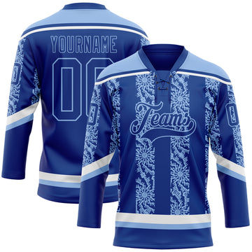 Custom Royal Light Blue-White 3D Pattern Abstract Shape Hockey Lace Neck Jersey
