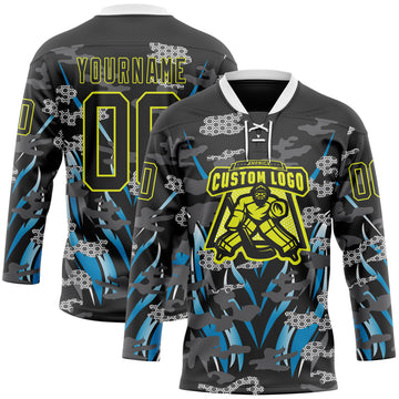 Custom Black Neon Yellow Blue-White 3D Pattern Abstract Camo Hockey Lace Neck Jersey
