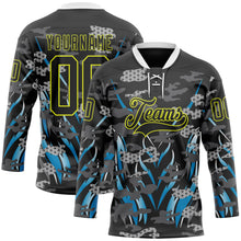 Загрузить изображение в средство просмотра галереи, Custom Black Neon Yellow Blue-White 3D Pattern Abstract Camo Hockey Lace Neck Jersey
