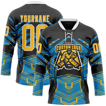 Custom Black Gold Blue-White 3D Pattern Abstract Hockey Lace Neck Jersey