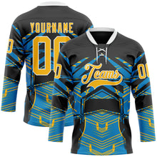 Load image into Gallery viewer, Custom Black Gold Blue-White 3D Pattern Abstract Hockey Lace Neck Jersey
