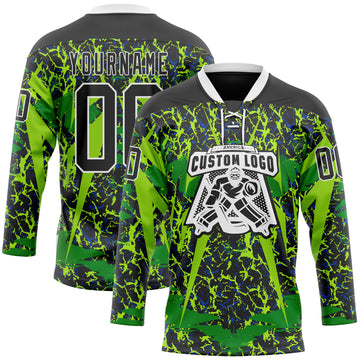Custom Black Green White 3D Pattern Abstract Hockey Lace Neck Jersey