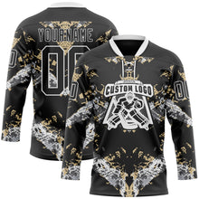 Laden Sie das Bild in den Galerie-Viewer, Custom Black Vegas Gold-White 3D Pattern Abstract Grunge Hockey Lace Neck Jersey

