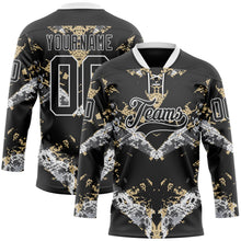 Laden Sie das Bild in den Galerie-Viewer, Custom Black Vegas Gold-White 3D Pattern Abstract Grunge Hockey Lace Neck Jersey
