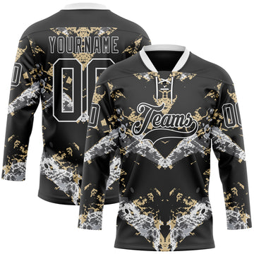Custom Black Vegas Gold-White 3D Pattern Abstract Grunge Hockey Lace Neck Jersey