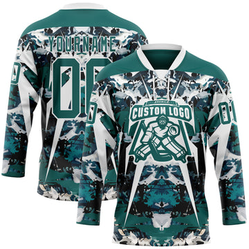 Custom Midnight Green Black-White 3D Pattern Abstract Grunge Hockey Lace Neck Jersey