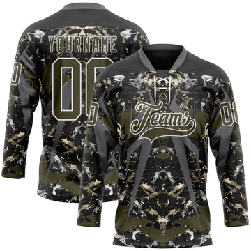 Custom Black Olive Steel Gray-White 3D Pattern Abstract Grunge Hockey Lace Neck Jersey