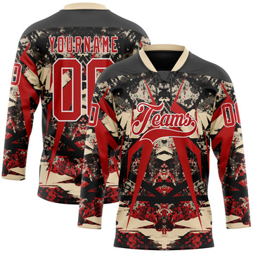 Custom Black Red City Cream-White 3D Pattern Abstract Grunge Hockey Lace Neck Jersey
