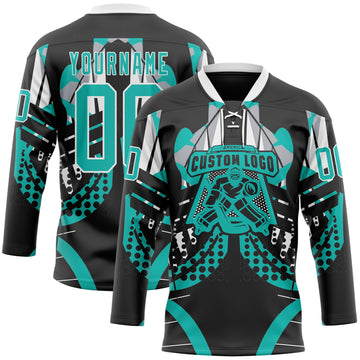 Custom Black Aqua-White 3D Pattern Abstract Hockey Lace Neck Jersey