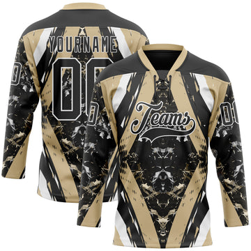 Custom Black Vegas Gold-White 3D Pattern Abstract Grunge Hockey Lace Neck Jersey