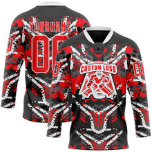 Загрузить изображение в средство просмотра галереи, Custom Black Fire Red-White 3D Pattern Abstract Grunge Hockey Lace Neck Jersey
