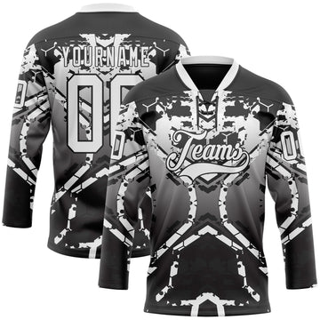 Custom Black White-Gray 3D Pattern Abstract Gradient Hockey Lace Neck Jersey