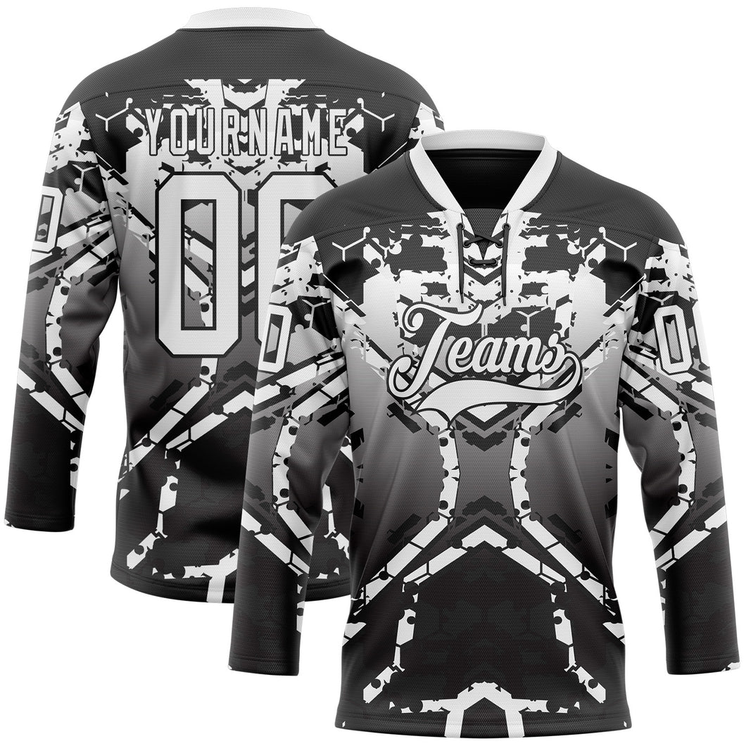 Custom Black White-Gray 3D Pattern Abstract Gradient Hockey Lace Neck Jersey