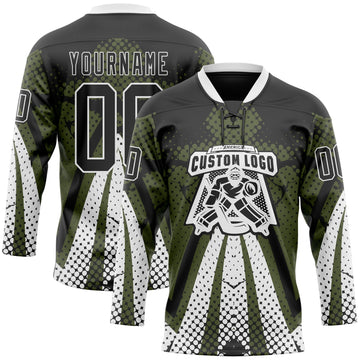 Custom Olive Black-White 3D Pattern Abstract Hockey Lace Neck Jersey