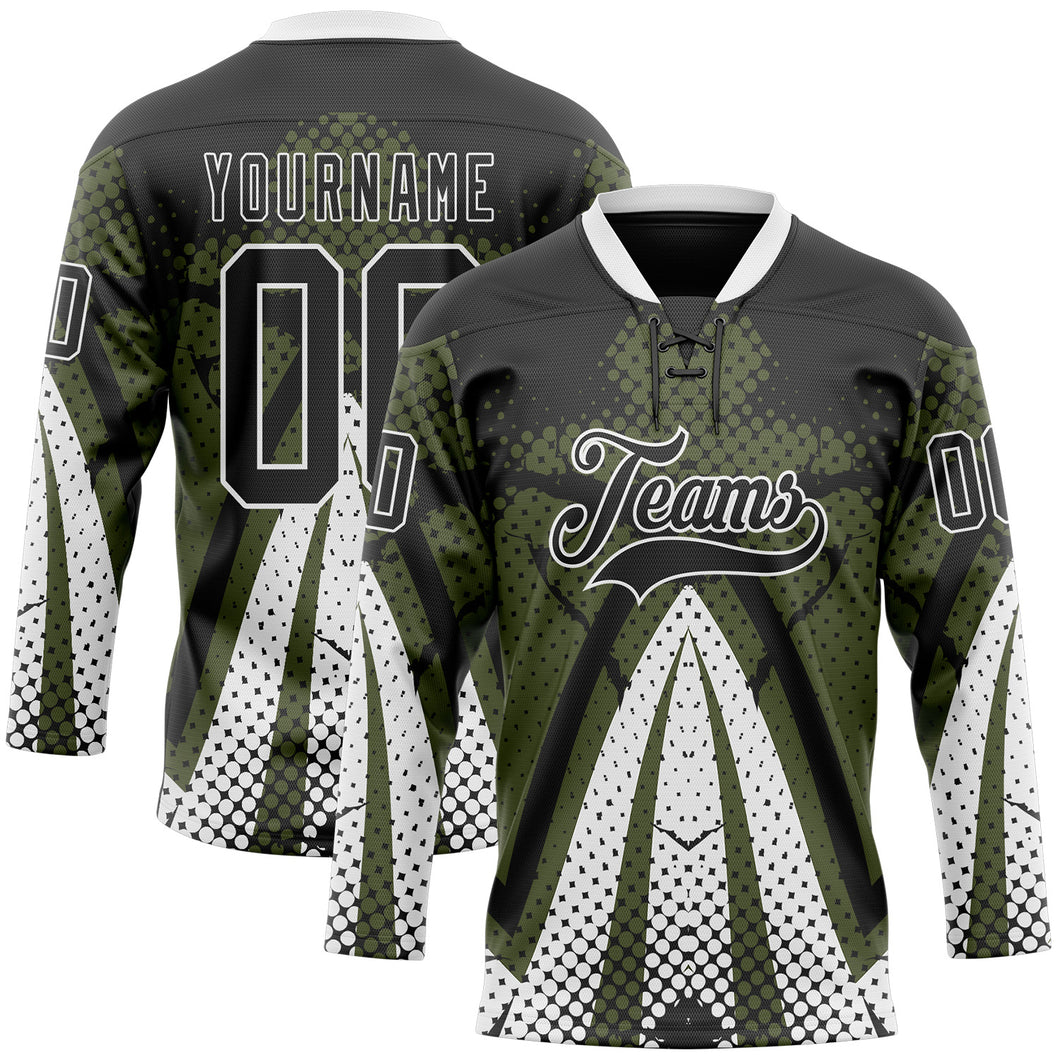 Custom Olive Black-White 3D Pattern Abstract Hockey Lace Neck Jersey