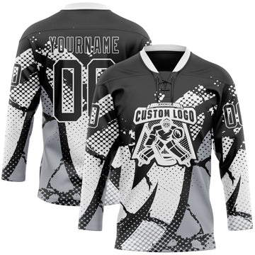 Custom Black Gray-White 3D Pattern Abstract Hockey Lace Neck Jersey