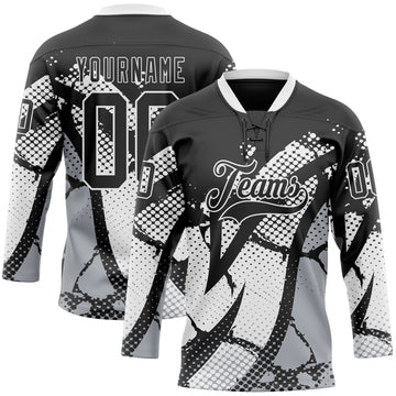 Custom Black Gray-White 3D Pattern Abstract Hockey Lace Neck Jersey