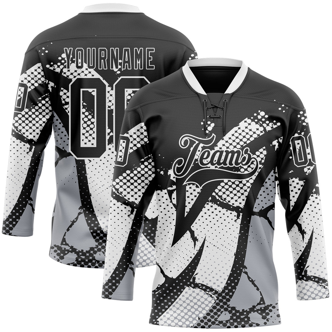 Custom Black Gray-White 3D Pattern Abstract Hockey Lace Neck Jersey