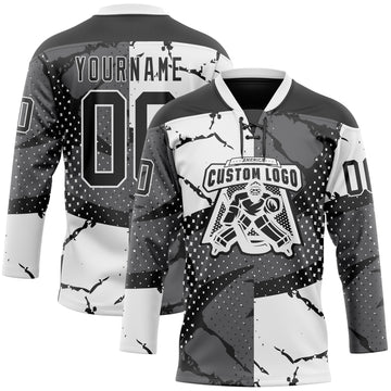 Custom Black Gray-White 3D Pattern Abstract Split Hockey Lace Neck Jersey
