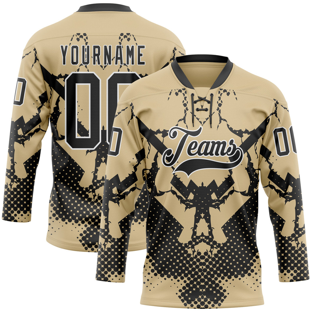 Custom Vegas Gold Black-White 3D Pattern Abstract Grunge Hockey Lace Neck Jersey