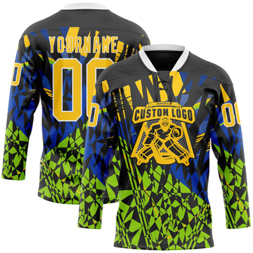 Custom Black Yellow Blue-Green 3D Pattern Abstract Hockey Lace Neck Jersey