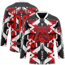 Загрузить изображение в средство просмотра галереи, Custom Black Fire Red-White 3D Pattern Abstract Hockey Lace Neck Jersey
