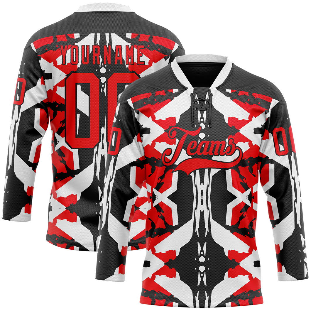 Custom Black Fire Red-White 3D Pattern Abstract Hockey Lace Neck Jersey