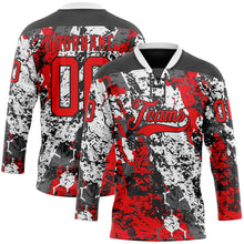 Загрузить изображение в средство просмотра галереи, Custom Black Fire Red-White 3D Pattern Abstract Grunge Hockey Lace Neck Jersey
