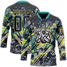 Загрузить изображение в средство просмотра галереи, Custom Navy Light Yellow-Aqua 3D Pattern Abstract Grunge Hockey Lace Neck Jersey
