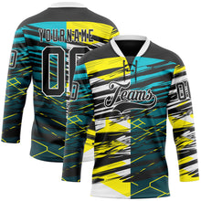 Load image into Gallery viewer, Custom Black Green-Yellow 3D Pattern Abstract Split Hockey Lace Neck Jersey
