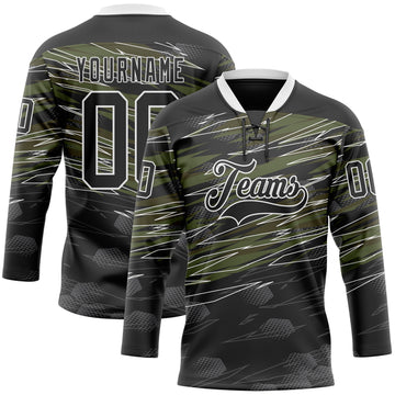 Custom Black Olive-White 3D Pattern Abstract Hockey Lace Neck Jersey