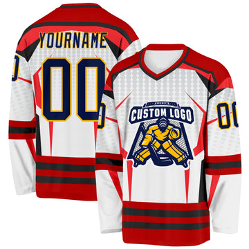 Custom White Navy Red Black-Gold 3D Pattern Cyber Mecha E-sport Hockey Jersey