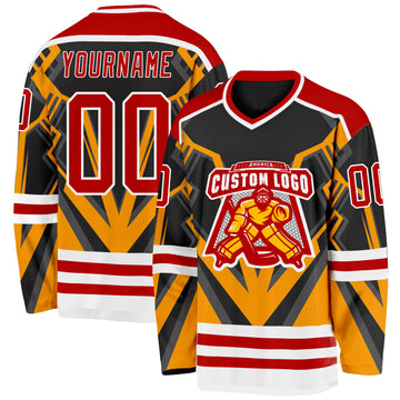 Custom Black Red Gold-White 3D Pattern Cyber Mecha E-sport Hockey Jersey