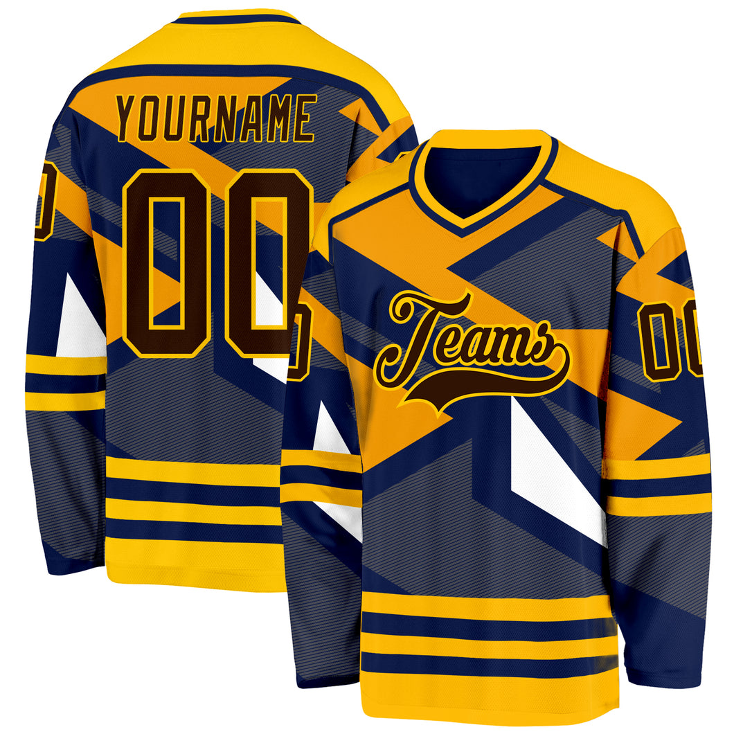 Custom Navy Brown Yellow-White 3D Pattern Cyber Mecha E-sport Hockey Jersey