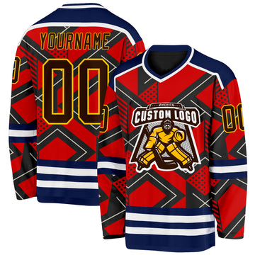 Custom Orange Brown Black Navy Yellow-White 3D Pattern Cyber Mecha E-sport Hockey Jersey