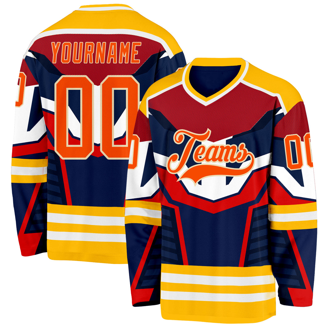 Custom Navy Orange Gold Cream-White 3D Pattern Cyber Mecha E-sport Hockey Jersey