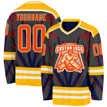Charger l'image dans la galerie, Custom Black Orange Gold Blue Cream-White 3D Pattern Cyber Mecha E-sport Hockey Jersey
